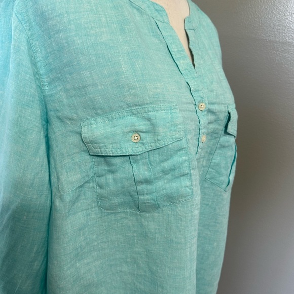 Talbots women’s 3X linen long sleeve shirt roll tab pullover tunic top aqua blue - Picture 4 of 12